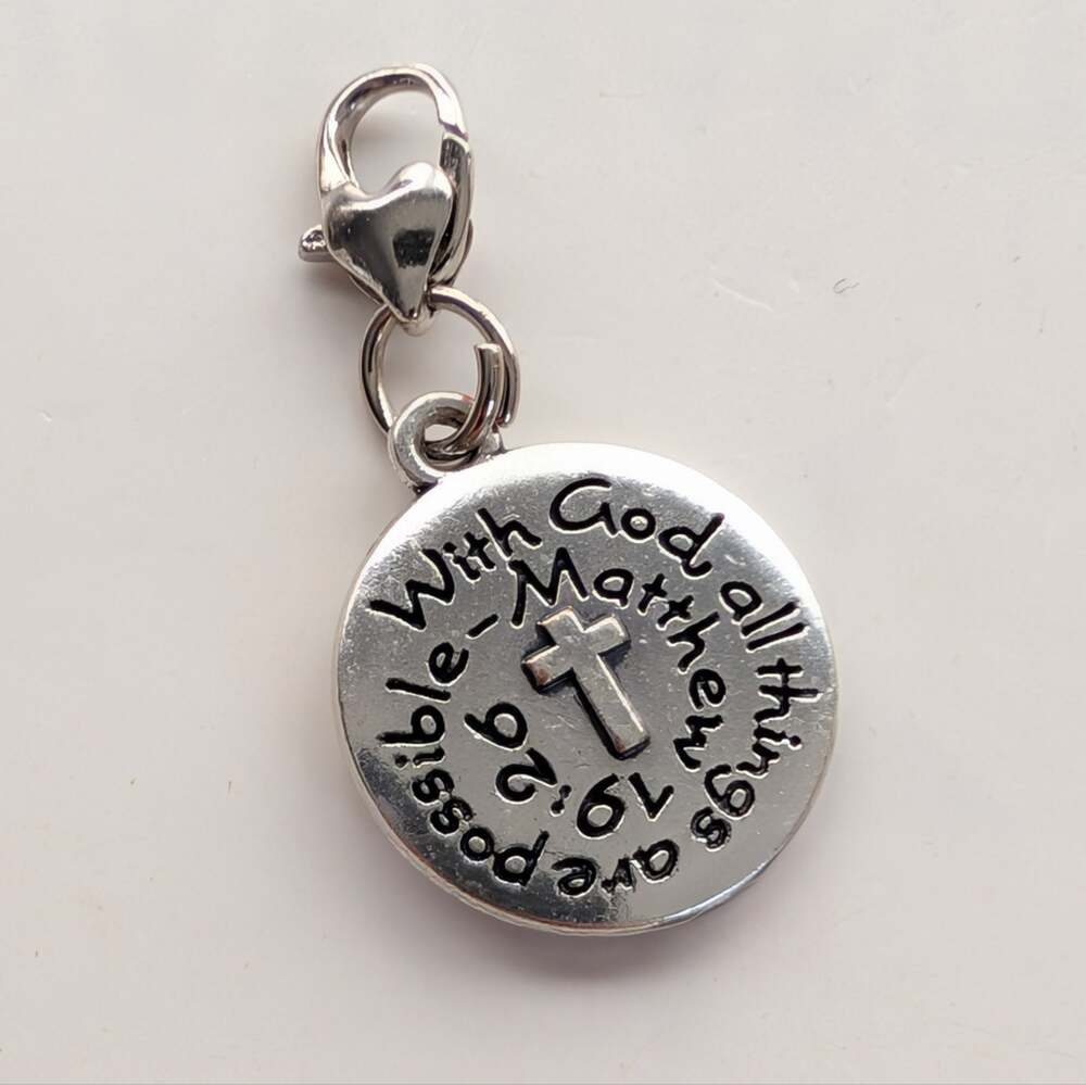 Vintage Silver Tone Matthew 19:26 Religious Christian Mini Bracelet Charm
